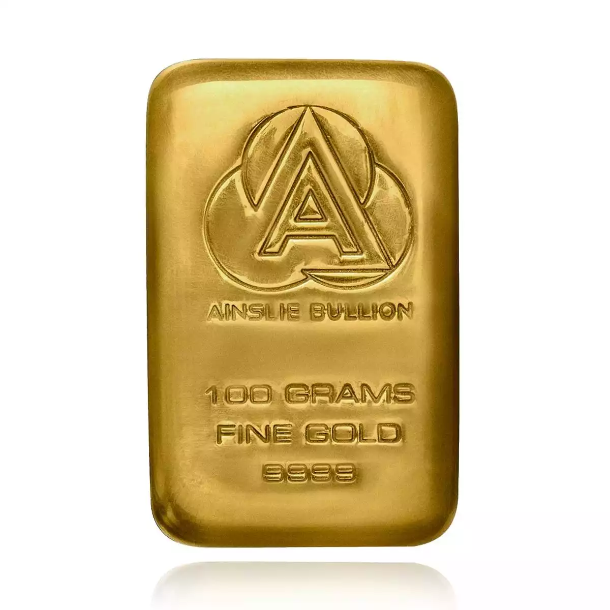 100g ainslie gold bullion. this 100g ainslie gold bar is a cast bar with each bar having a slightly unique surface pattern. each gold bar is struck wi...