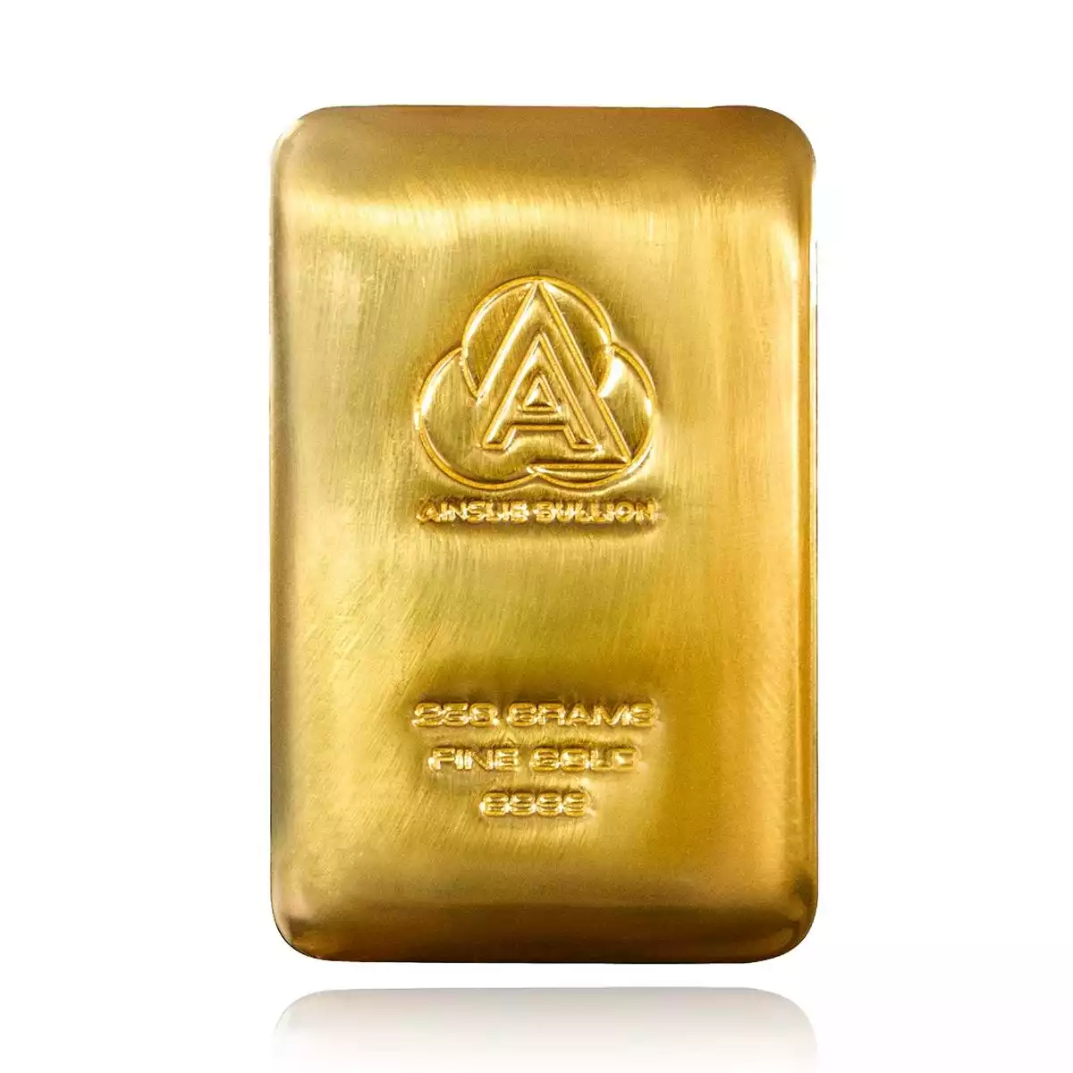 250g ainslie gold bullion. this 250g ainslie gold bar is a cast bar with each bar having a slightly unique surface pattern. each gold bar is struck wi...