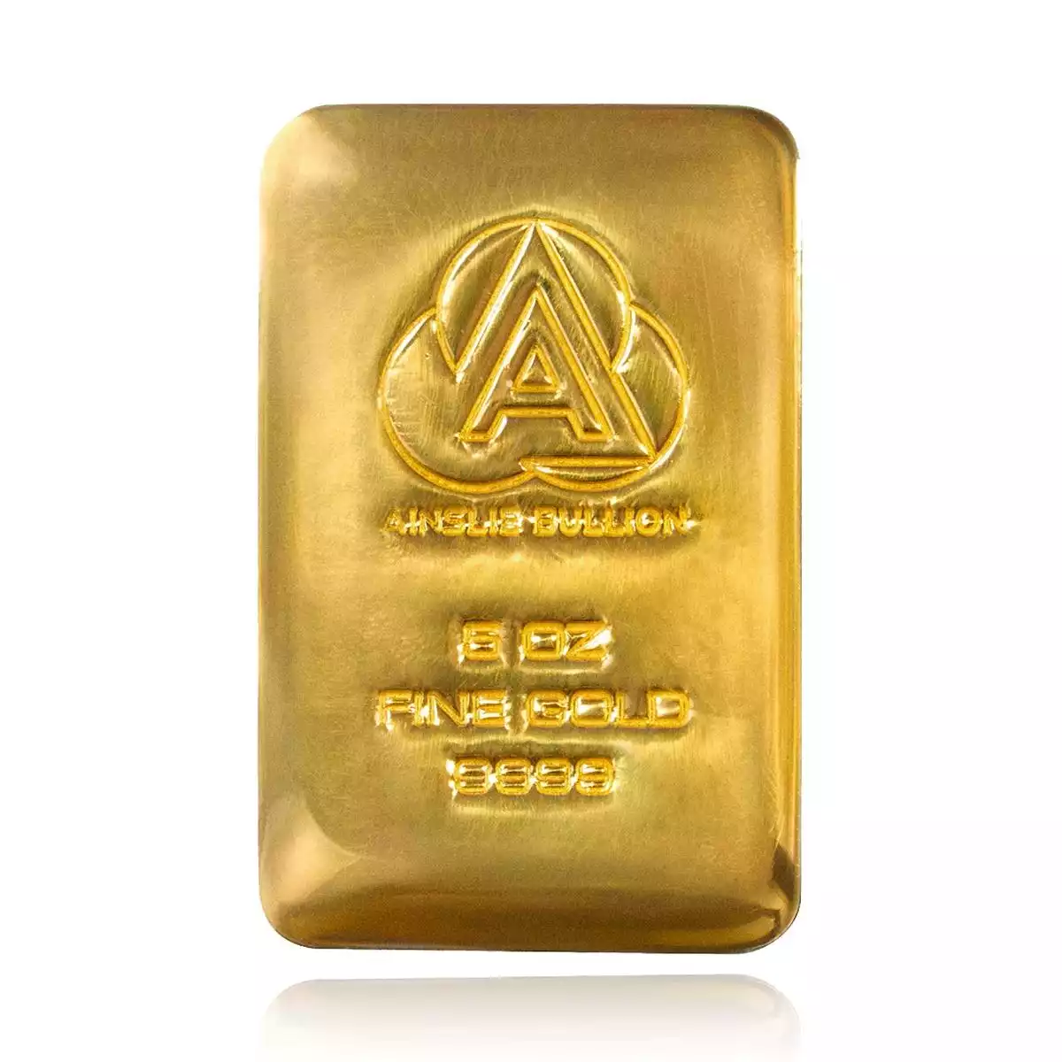 5 oz ainslie gold bullion. this 5oz ainslie gold bar is a cast bar with each bar having a slightly unique surface pattern. each gold bar is struck wit...